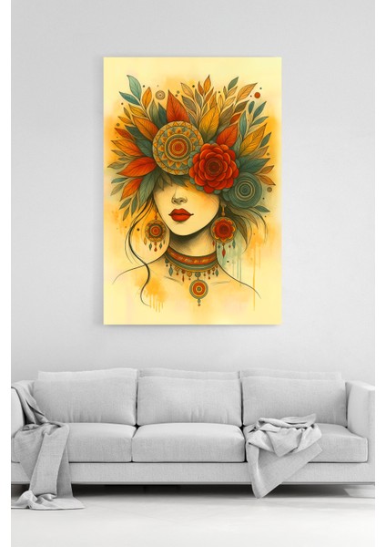 Çiçekli Kadın Portresi Kanvas Tablo Boho Şık Duvar Sanatı %100 Pamuk Dokulu Premium Baskı modelleri