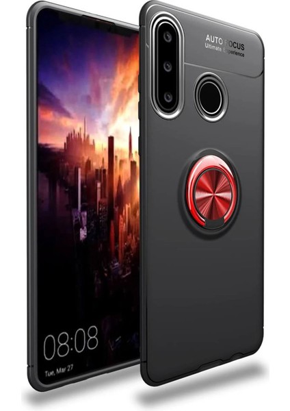 Huawei Y6P Kılıf Range Yüzüklü Silikon - Siyah-Kırmızı Arbkd