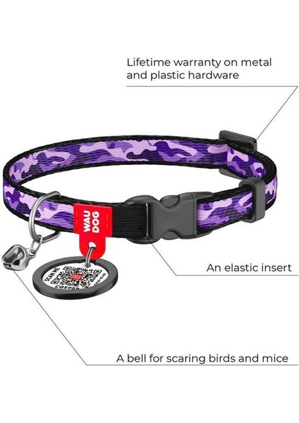 Collar Qr Pasaportlu Kedi Boyun Tasması 20-30 cm 10 mm "purple Camo" modelleri