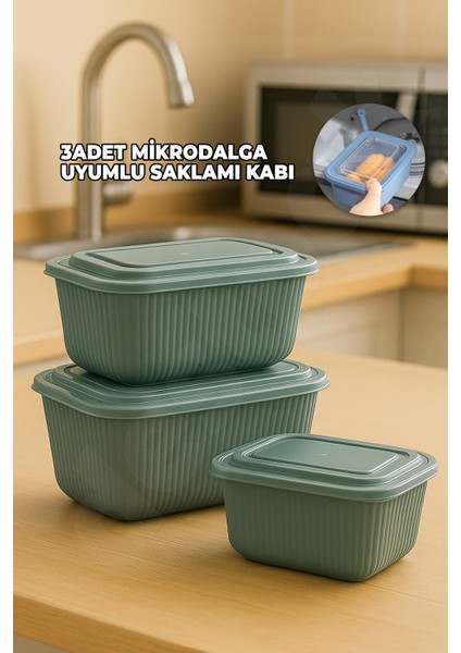 3 Adet Mikrodalgaya Uyumlu Plastik Saklama Kabı - Kapaklı - Mikrodalga Tapalı - 3 Boy