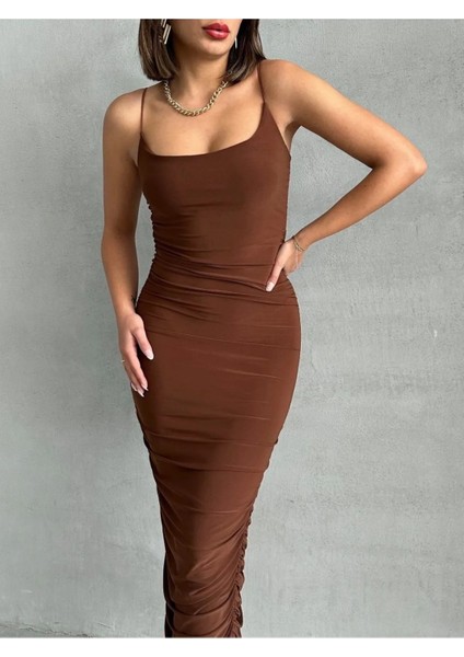 Ince Ip Askılı Büzgülü Maxi Elbise