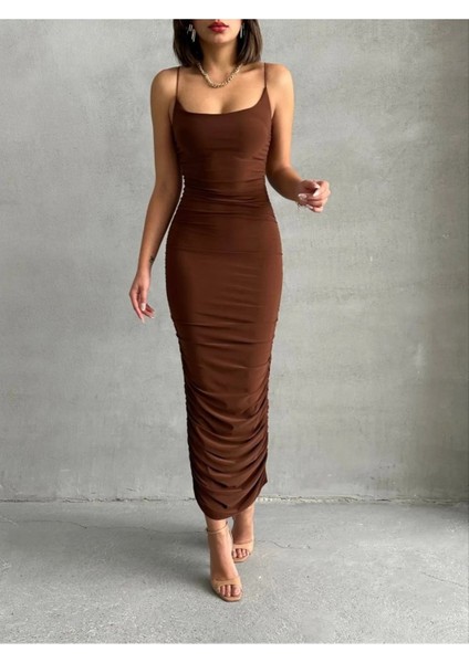 Ince Ip Askılı Büzgülü Maxi Elbise fiyatları