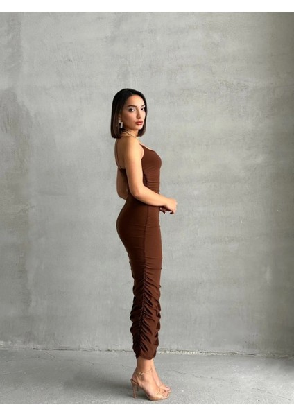 Ince Ip Askılı Büzgülü Maxi Elbise modelleri