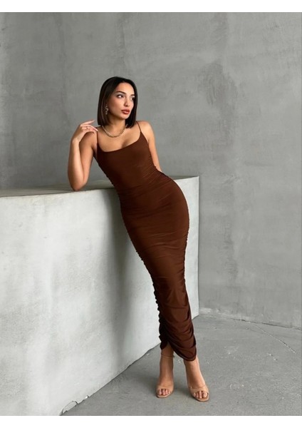 Ince Ip Askılı Büzgülü Maxi Elbise fırsatları