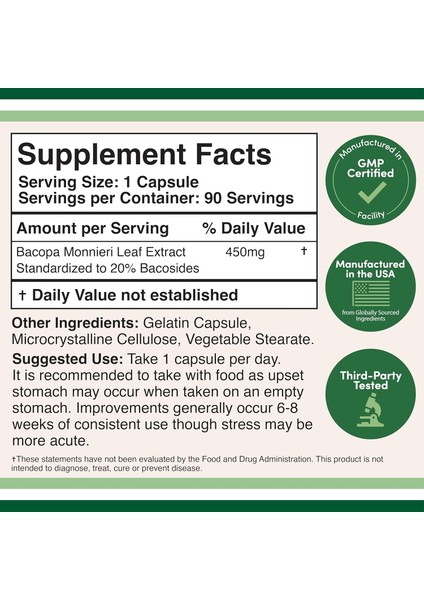Bacopa Monnieri Memory Supplement For Brain Health, Focus, And Cognitive 20% Bacosides 450MG, 90 Caps fiyatları