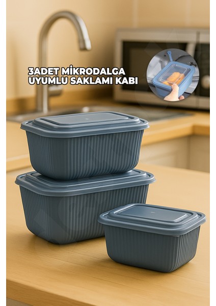 3 Adet Mikrodalgaya Uyumlu Plastik Saklama Kabı - Kapaklı - Mikrodalga Tapalı - 3 Boy
