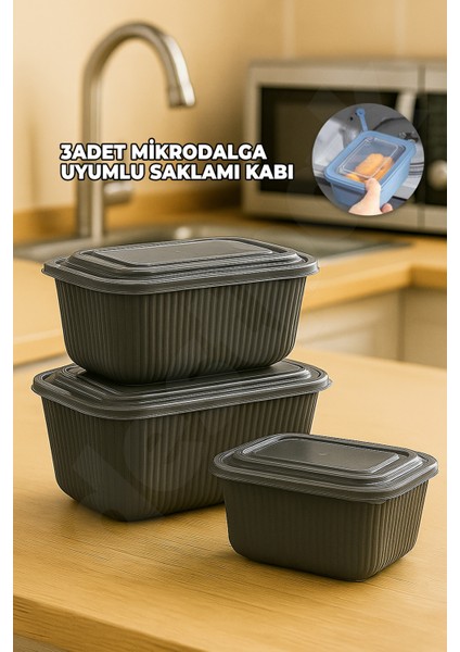 3 Adet Mikrodalgaya Uyumlu Plastik Saklama Kabı - Kapaklı - Mikrodalga Tapalı - 3 Boy