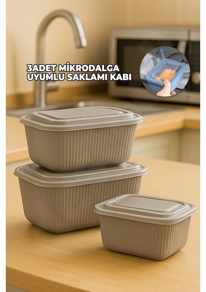 3 Adet Mikrodalgaya Uyumlu Plastik Saklama Kabı - Kapaklı - Mikrodalga Tapalı - 3 Boy