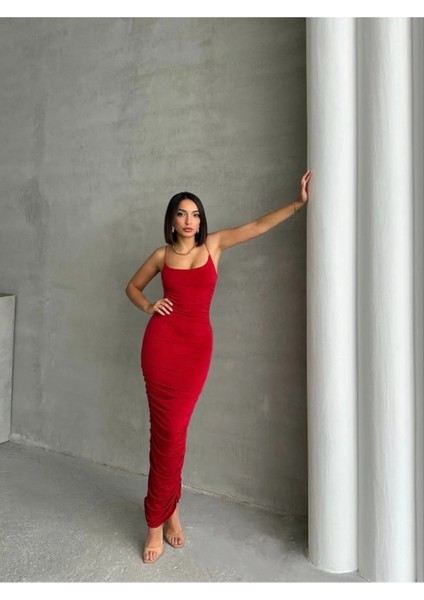 Ince Ip Askılı Büzgülü Maxi Elbise fırsatları