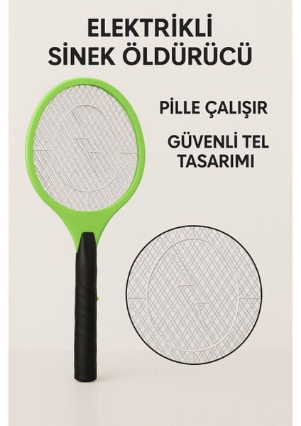 Pilli Elektrikli Sinek Öldürücü Raket – Güvenli Tel Tasarımı-Yeşil Renk