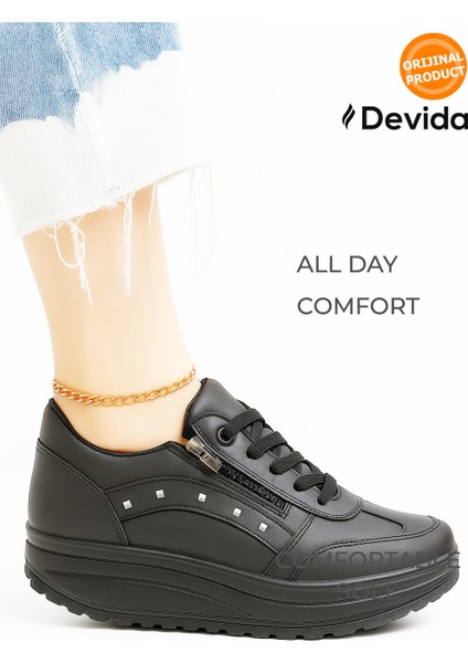 Kadın Siyah Spor Ayakkabı 6 Cm Yüksek Rahat Taban Sneaker X300