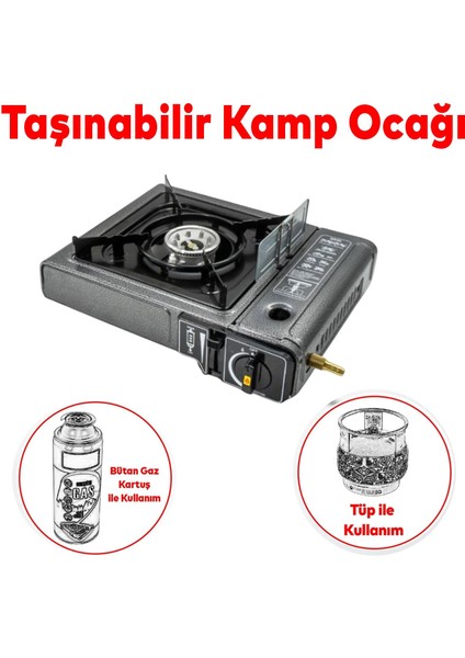 Taşınabilir Portatif Kamp Ocağı Tekli Tek Gözlü Kartuşlu Piknik Tüp Bağlantılı Gezi Ocak Gri Renk