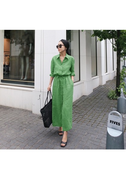 Bağcık Detaylı Keten Uzun Kollu Elbise