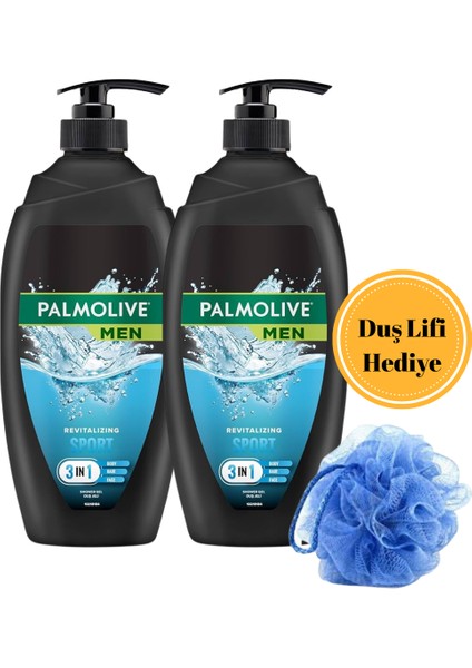 Men Sport 3'ü 1 Arada Duş Jeli 750 ml X2 + Hediye Duş Lifi – Yüz, Vücut ve Saç Için Canlandırıcı Erkek Bakım Seti