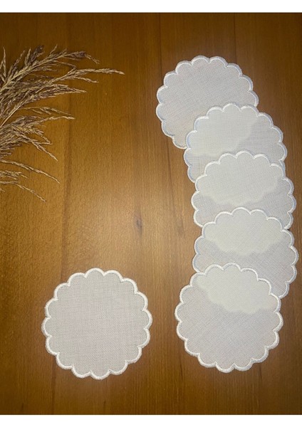 Papatya Desenli Ekru Keten Peçete, 6'lı Set, Etamin Işleme Uyumlu