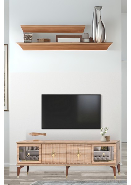 Tuna TV Sehpası Atlantik Çam 4 Kapaklı Ayna Detaylı Altın Kulplu 160x52x36 Cm