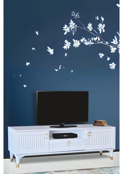 Mindy TV Sehpası Beyaz Gold Detaylı 2 Kapaklı 1 Çekmeceli 160x50x36 Cm