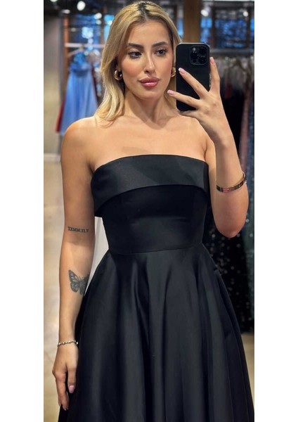 Siyah Kloş Etekli Saten Midi Abiye Elbise 7647 fiyatları