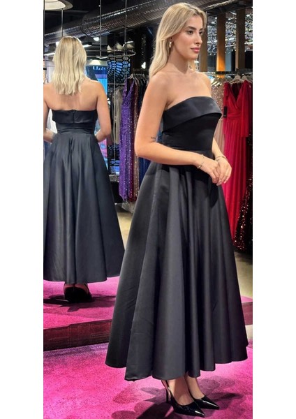 Siyah Kloş Etekli Saten Midi Abiye Elbise 7647 modelleri