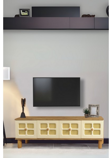 Hasırlı Tv Sehpası Atlantik Çam Krem 3 Kapaklı Hasır Desenli Doğal Görünümlü 160x36x50 Cm