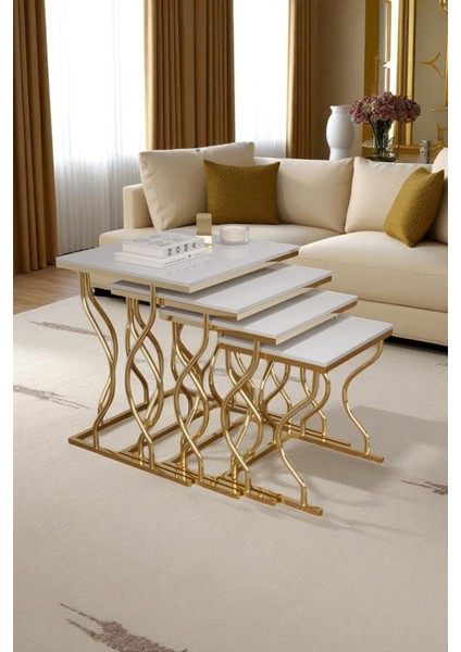Arden Elite 4'lü Kare Zigon Sehpa Seti – Gold Ayak, Krem Mdf fiyatları