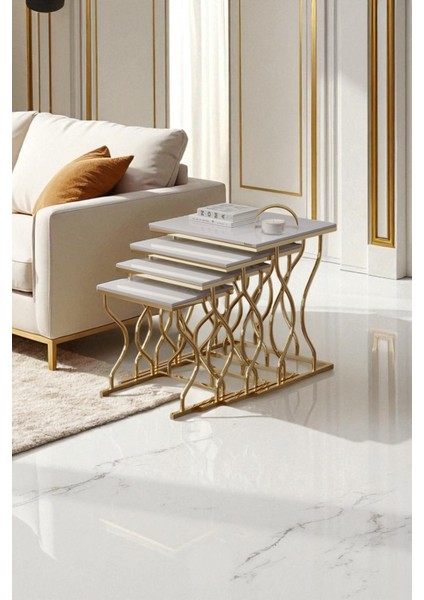 Arden Elite 4'lü Kare Zigon Sehpa Seti – Gold Ayak, Krem Mdf fırsatları