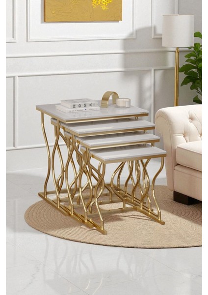 Arden Elite 4'lü Kare Zigon Sehpa Seti – Gold Ayak, Krem Mdf indirimleri