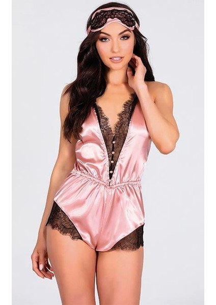 Pembe Dantelli Sırtı Çapraz Saten Şort Tulum