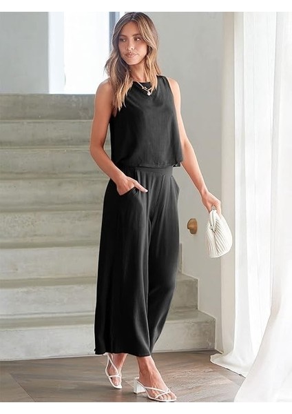 Keten Yazlık Capri Pantolon Sırt Detaylı Kolsuz Ikili Takım modelleri