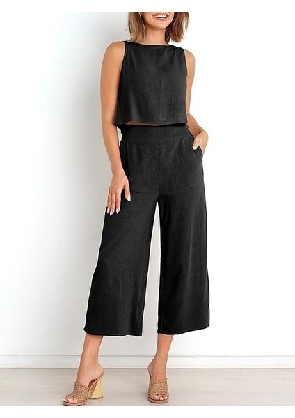 Keten Yazlık Capri Pantolon Sırt Detaylı Kolsuz Ikili Takım fırsatları