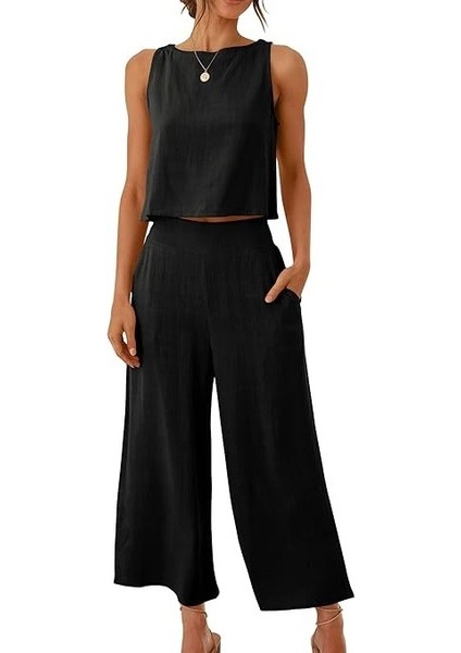 Keten Yazlık Capri Pantolon Sırt Detaylı Kolsuz Ikili Takım indirimleri