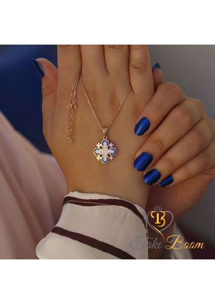 Safir Taşlı Küçük Haç Kolye, Kudüs Haçı Kolye, Jerusalem Gümüş Kolye, Hristiyan Kolyesi