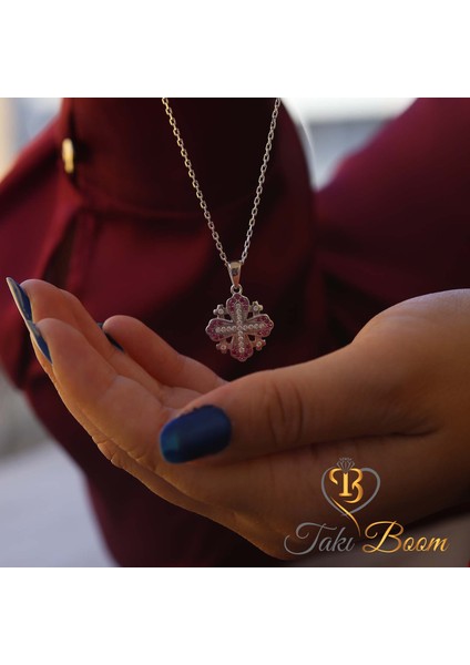 Kırmızı Küçük Haç Kolye, Kudüs Haçı Kolye, Miks Taşlı Haç, Jerusalem Gümüş Kolye, Hristiyan Kolyesi