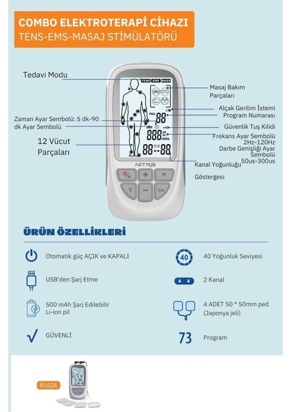 Şarjlı 2 Kanallı Dijital Portatif Tens , Ems , Masaj Cihazı 73 Programlı Bataryalı Tens Cihaz modelleri