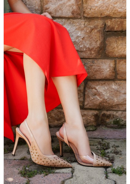 Kadın Stiletto Sivri Burun Taşlı Arkası Açık Atkılı Topuklu Ayakkabı Esolo
