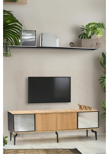 Viva Camlı TV Sehpası Atlantik Çam 4 Kapaklı Özel Cam Panelli Modern Tasarım 160x36x53 cm