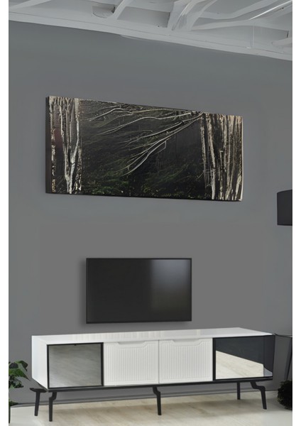 Viva Camlı Tv Sehpası Beyaz Mebran 4 Kapaklı Özel Cam Panelli Modern Tasarım 160x36x53 Cm