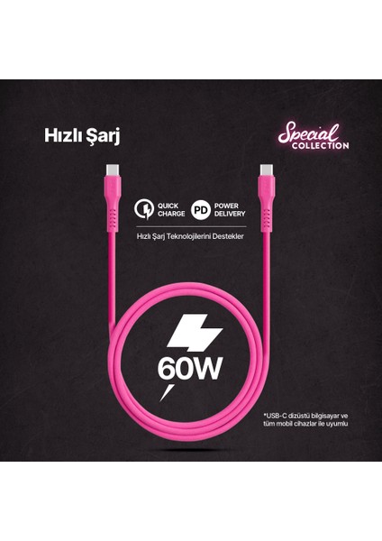 Usb-C - Usb-C 120CM 60W Pd/qc Hızlı Şarj/data Kablosu Neon Pembe 2DK59NP fiyatları