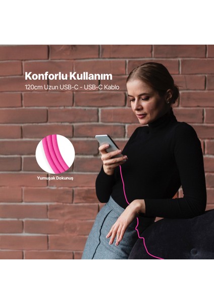 Usb-C - Usb-C 120CM 60W Pd/qc Hızlı Şarj/data Kablosu Neon Pembe 2DK59NP fırsatları