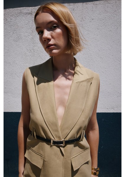 Kemerli Keten Yelek - Haki