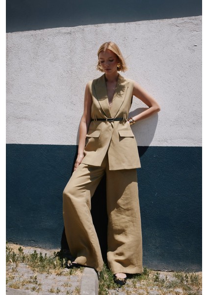 Kemerli Keten Yelek - Haki fiyatları