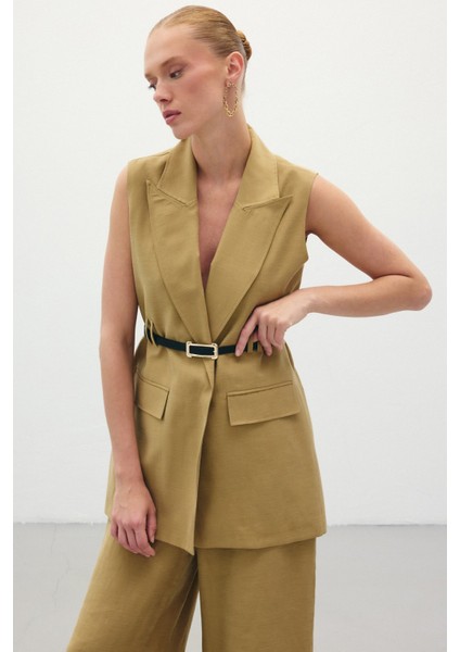 Kemerli Keten Yelek - Haki fırsatları