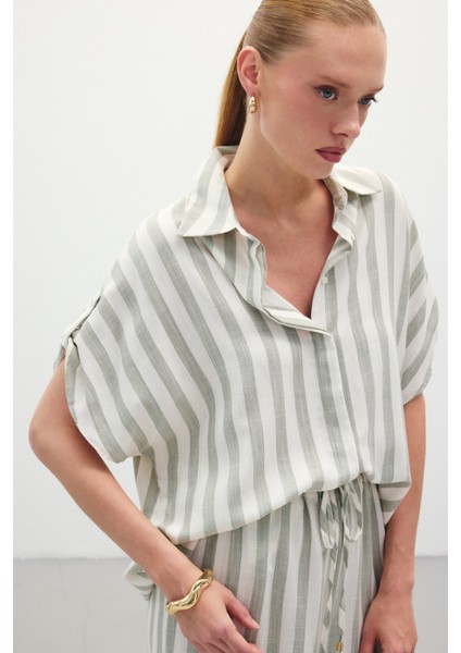 Çizgili Kısa Kol Gömlek - Haki