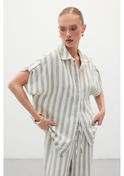 Çizgili Kısa Kol Gömlek - Haki fiyatları