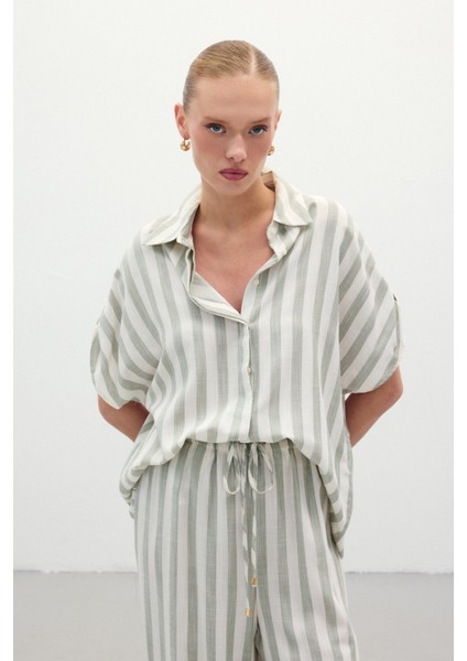 Çizgili Kısa Kol Gömlek - Haki modelleri