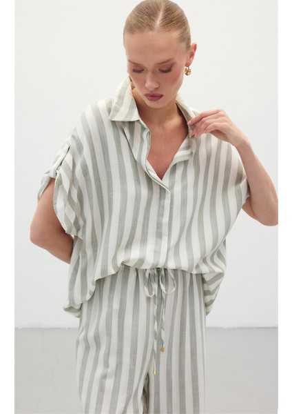 Çizgili Kısa Kol Gömlek - Haki fırsatları