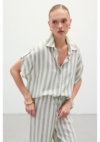 Çizgili Kısa Kol Gömlek - Haki indirimleri