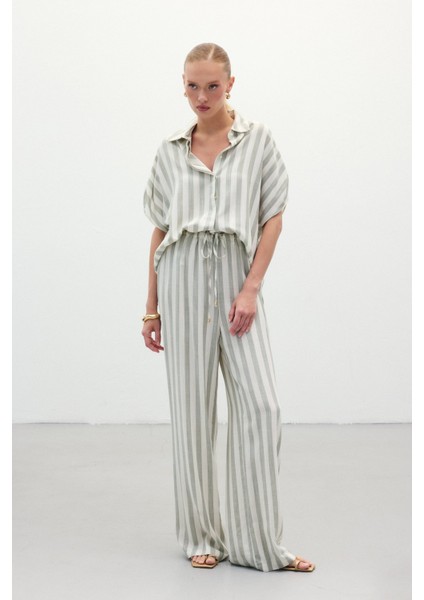 Çizgili Keten Karışımlı Pantolon - Haki