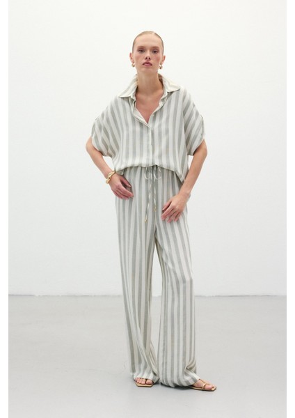 Çizgili Keten Karışımlı Pantolon - Haki fiyatları