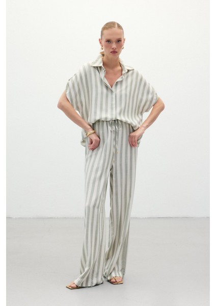 Çizgili Keten Karışımlı Pantolon - Haki modelleri